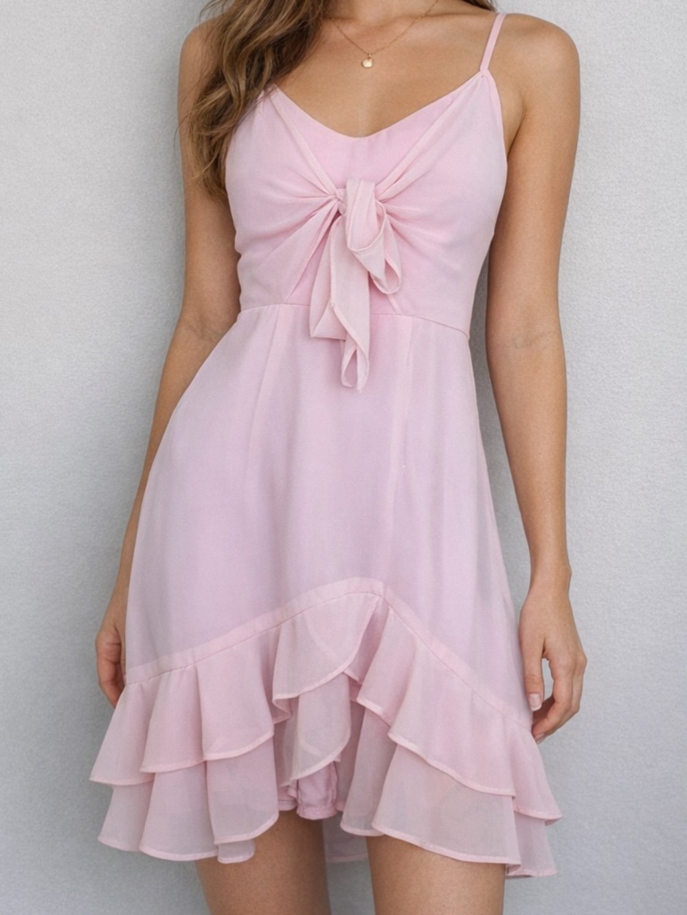 Angel Biba Pale Pink Tie-Front Ruffle Mini Dress